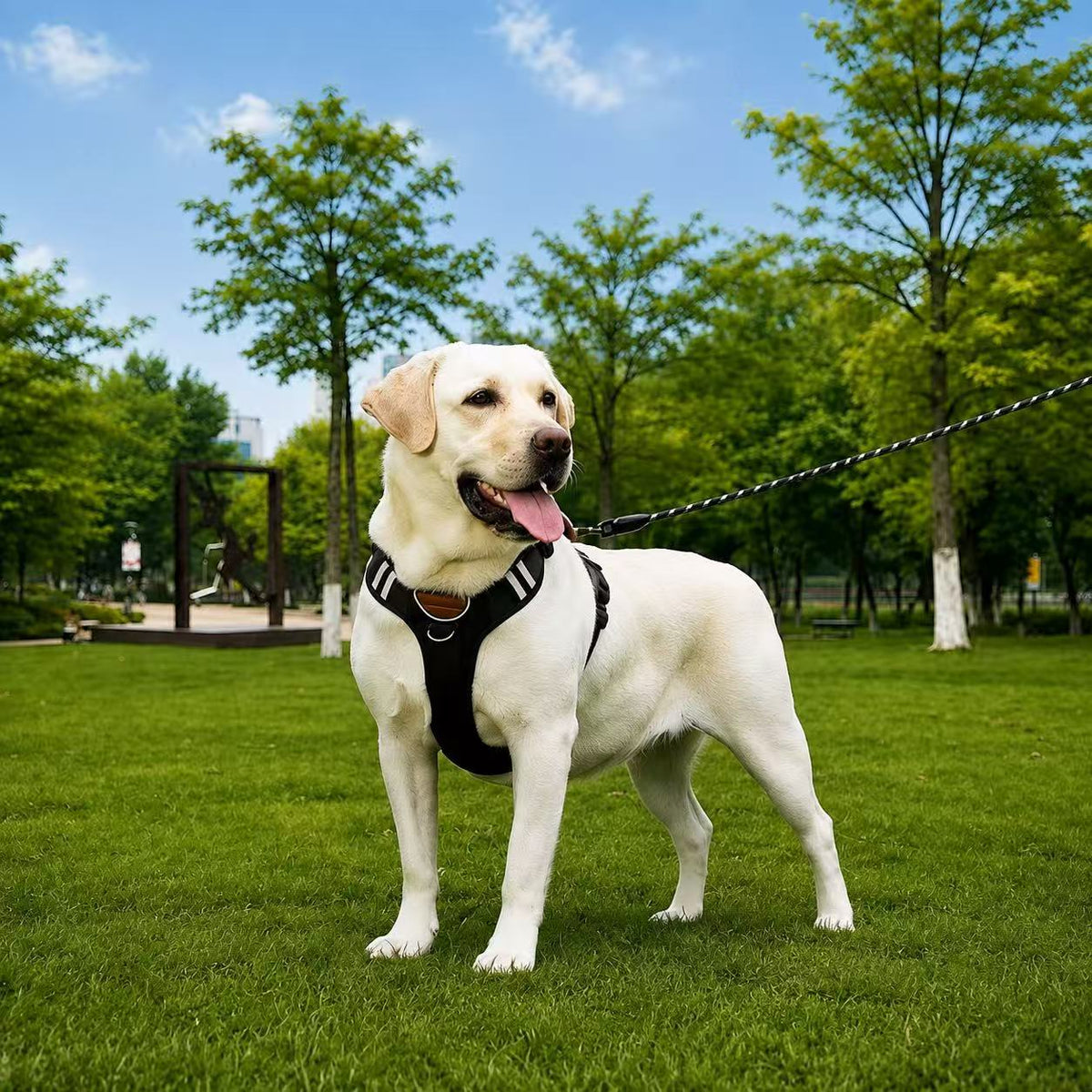 Labrador wearing a black reflective no-pull dog harness on a walk