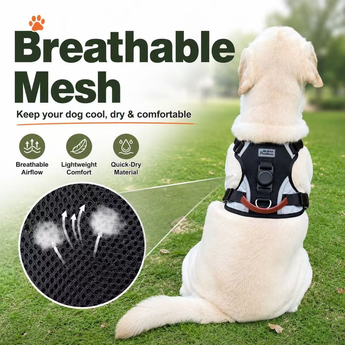 Breathable mesh panel on black dog harness, back view on a Labrador