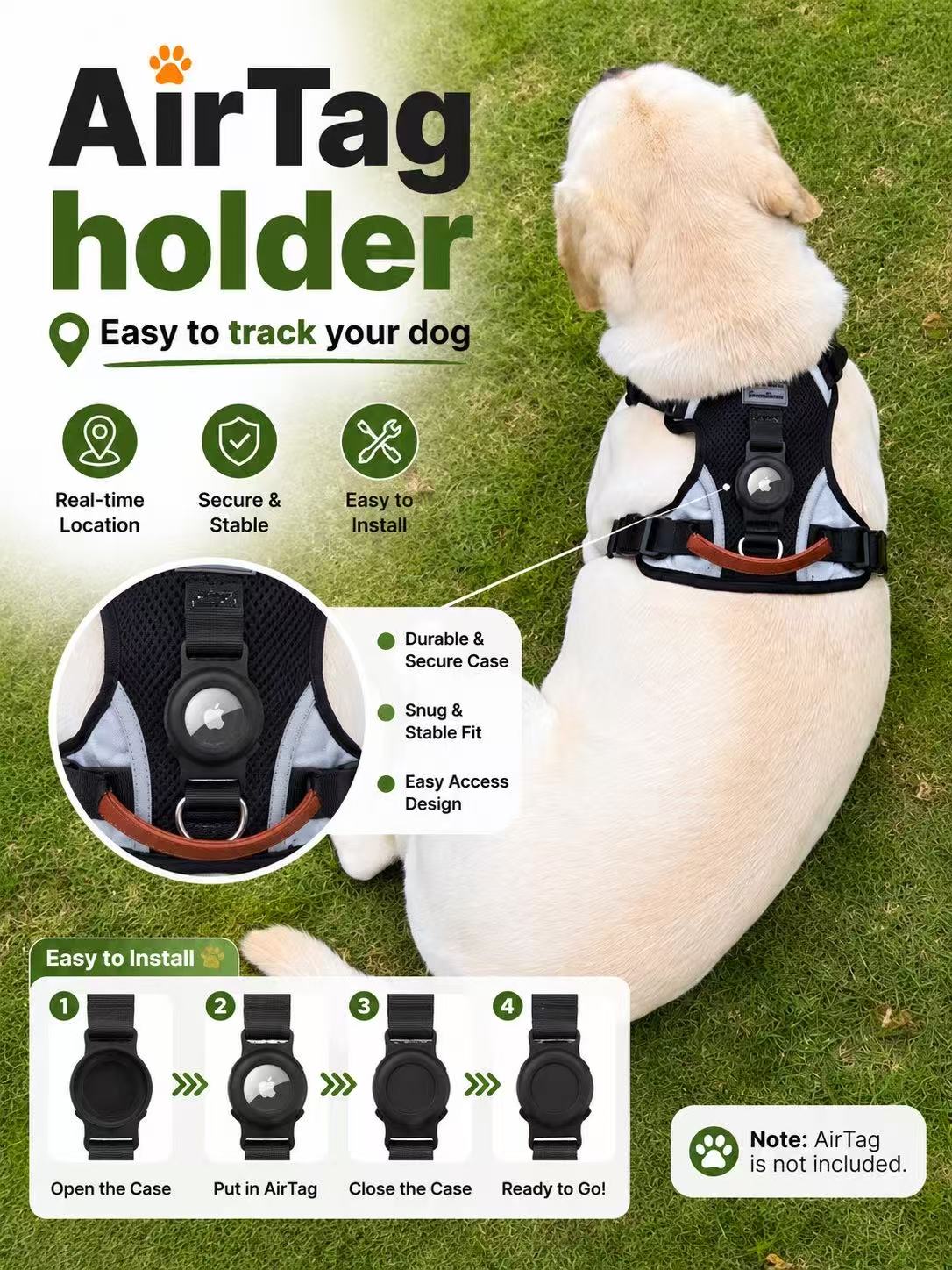 Built-in silicone AirTag holder on black dog harness with 4-step install guide