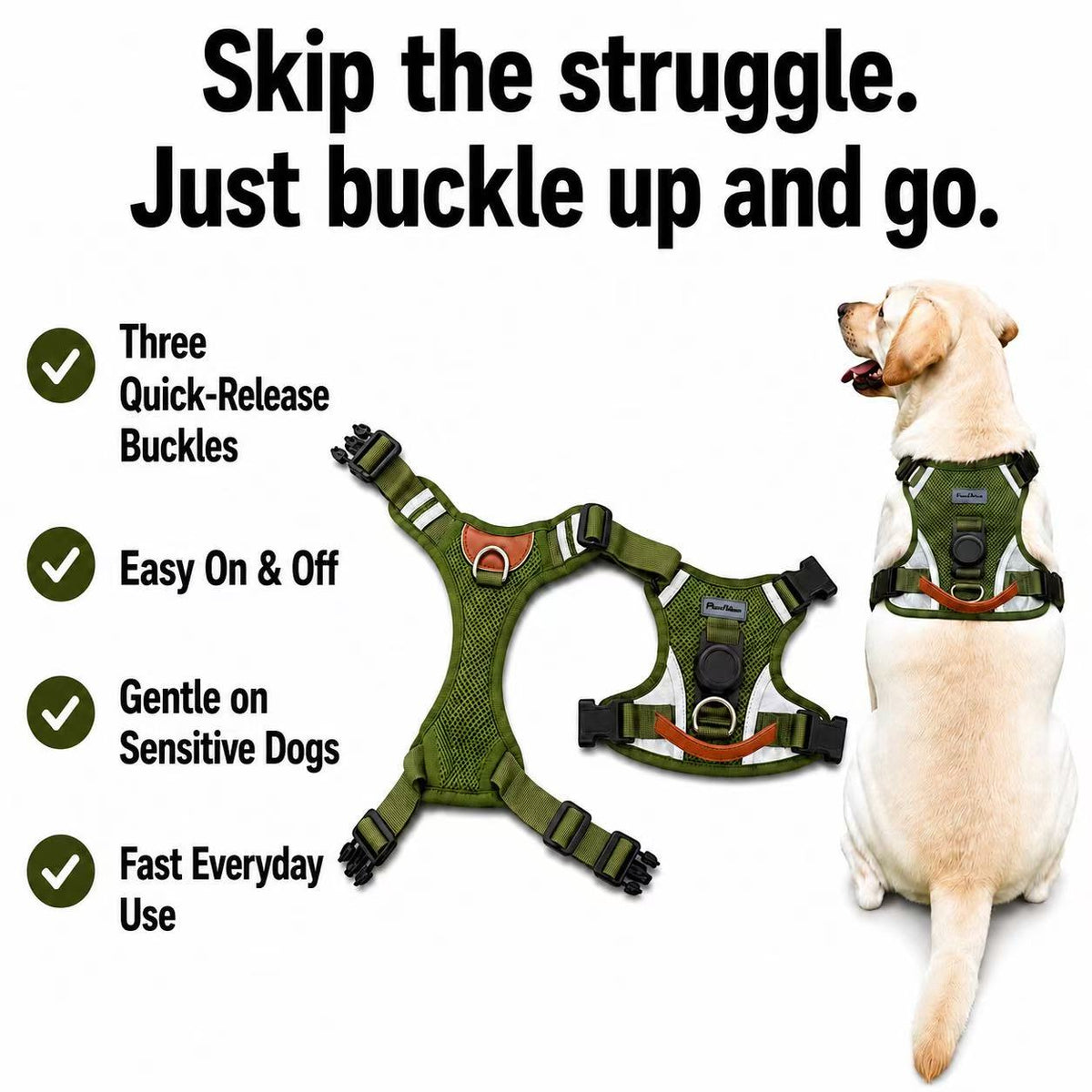 Army green dog harness with three quick-release buckles for easy on and off