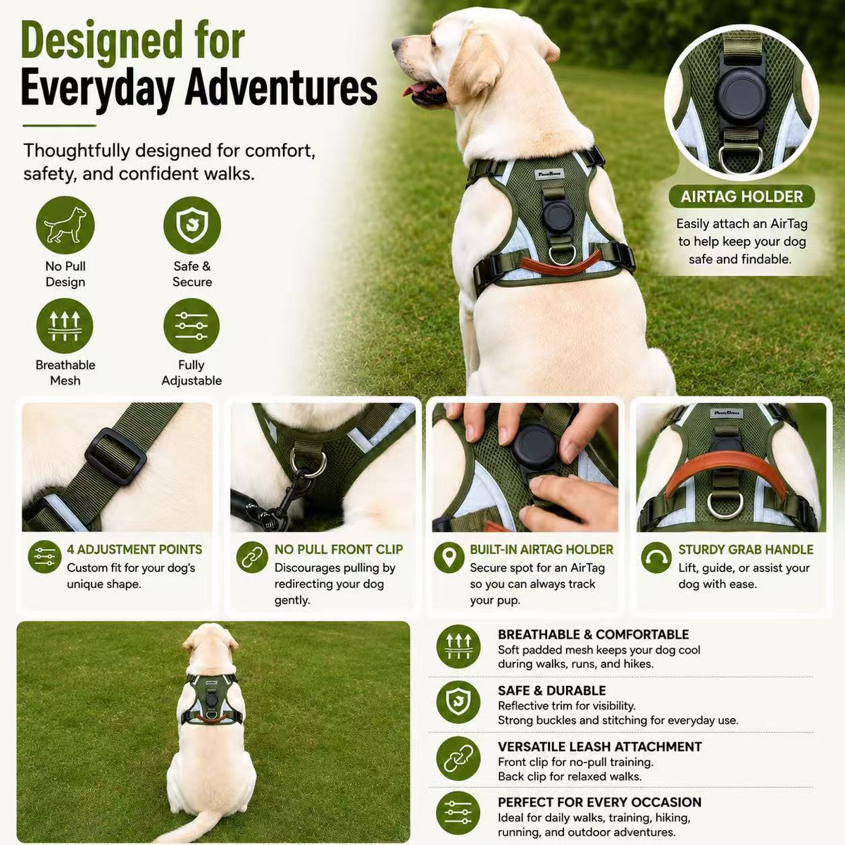 Army green no-pull dog harness features: AirTag holder, front clip, breathable mesh and grab handle