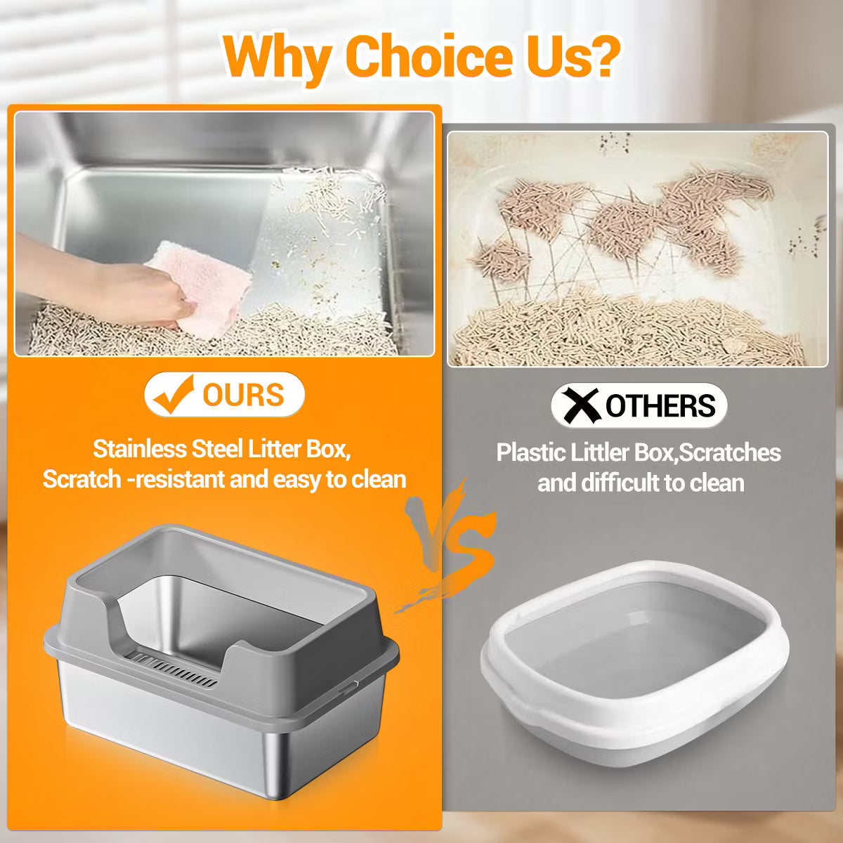 Jumbo Stainless Steel Cat Litter Box - High-Sided & Non-Stick,