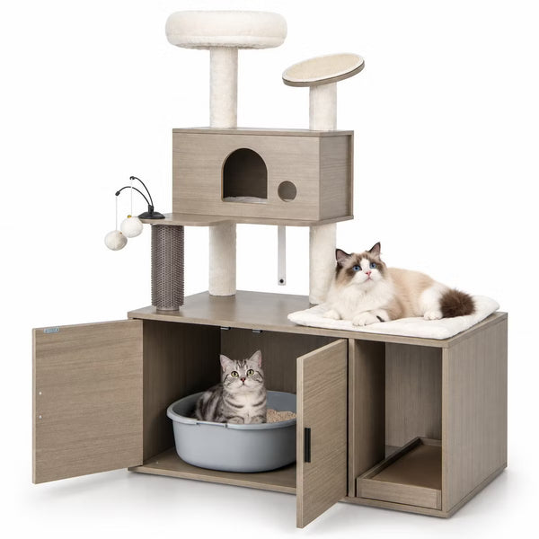 52 Inch Cat Tree Tower with Litter Box Enclosure 2-in-1 Cat Condo Furniture with Plush Perch and Sisal Mats,