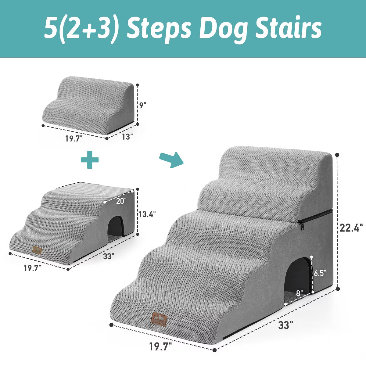 Wide Dog Stairs with Tunnel / 5-Step Foam Pet Ramp