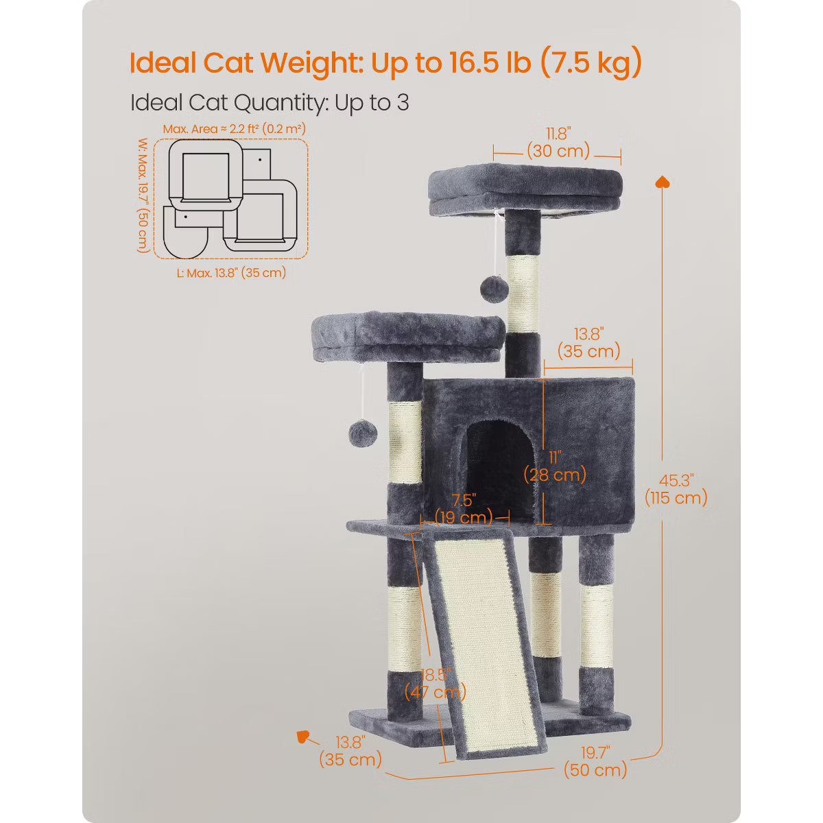 45.3-Inch Cat Tower with Scratching Ramp, Multi-Level Cat Condo with Spacious Cave & 2 Perches,