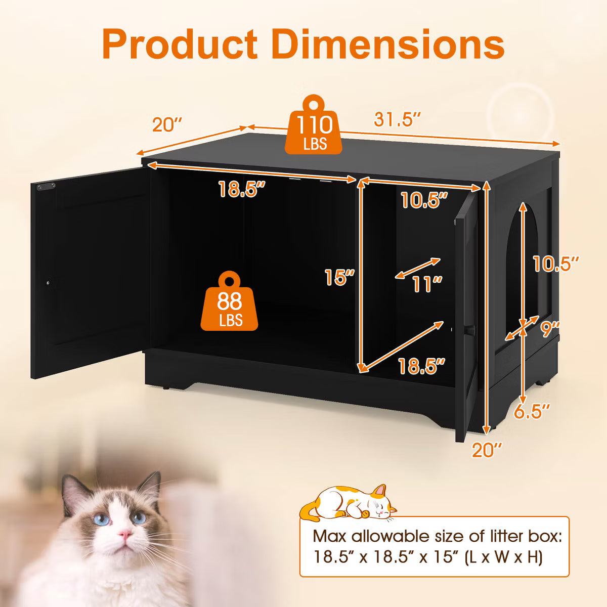 Cat Litter Box Enclosure Furniture with Double Doors Divider Side Entry for Cats Black