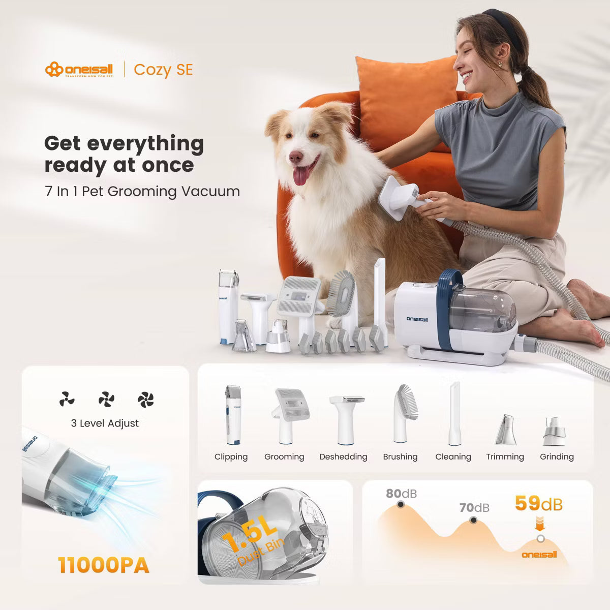 Cozy SE 7-in-1 Pet Grooming Vacuum Kit