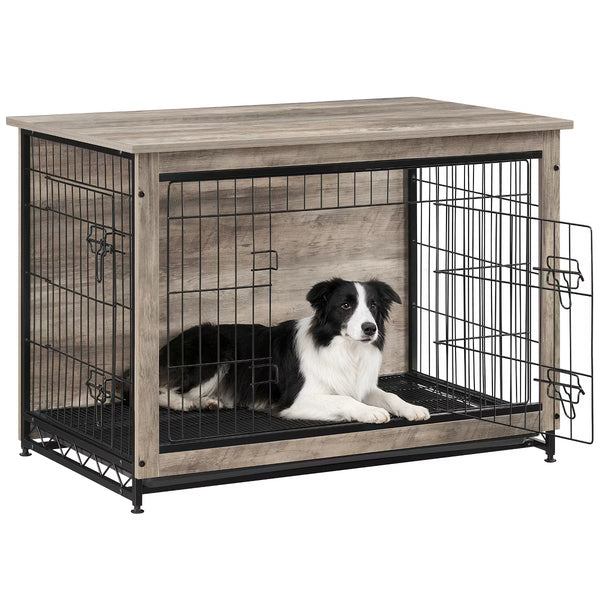 A large wooden dog crate with black metal wire sides and a black floor mat, shown with a black-and-white dog lying inside on a white background.