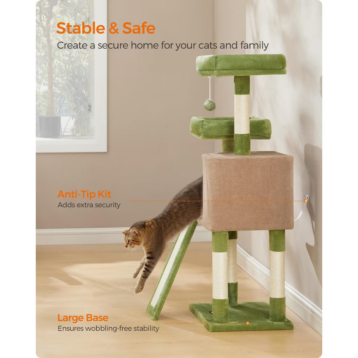 45.3-Inch Cat Tower with Scratching Ramp, Multi-Level Cat Condo with Spacious Cave & 2 Perches,