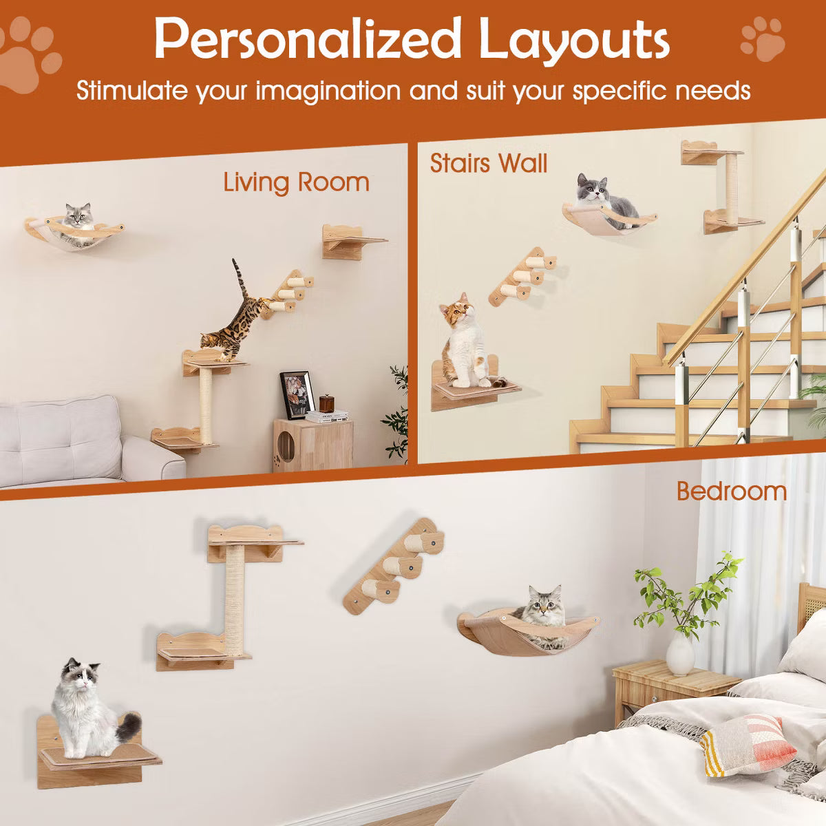 4-Piece Wall Mounted Cat Playground w/ 2-step Cat Tree Wooden Cat Climber Furniture Set
