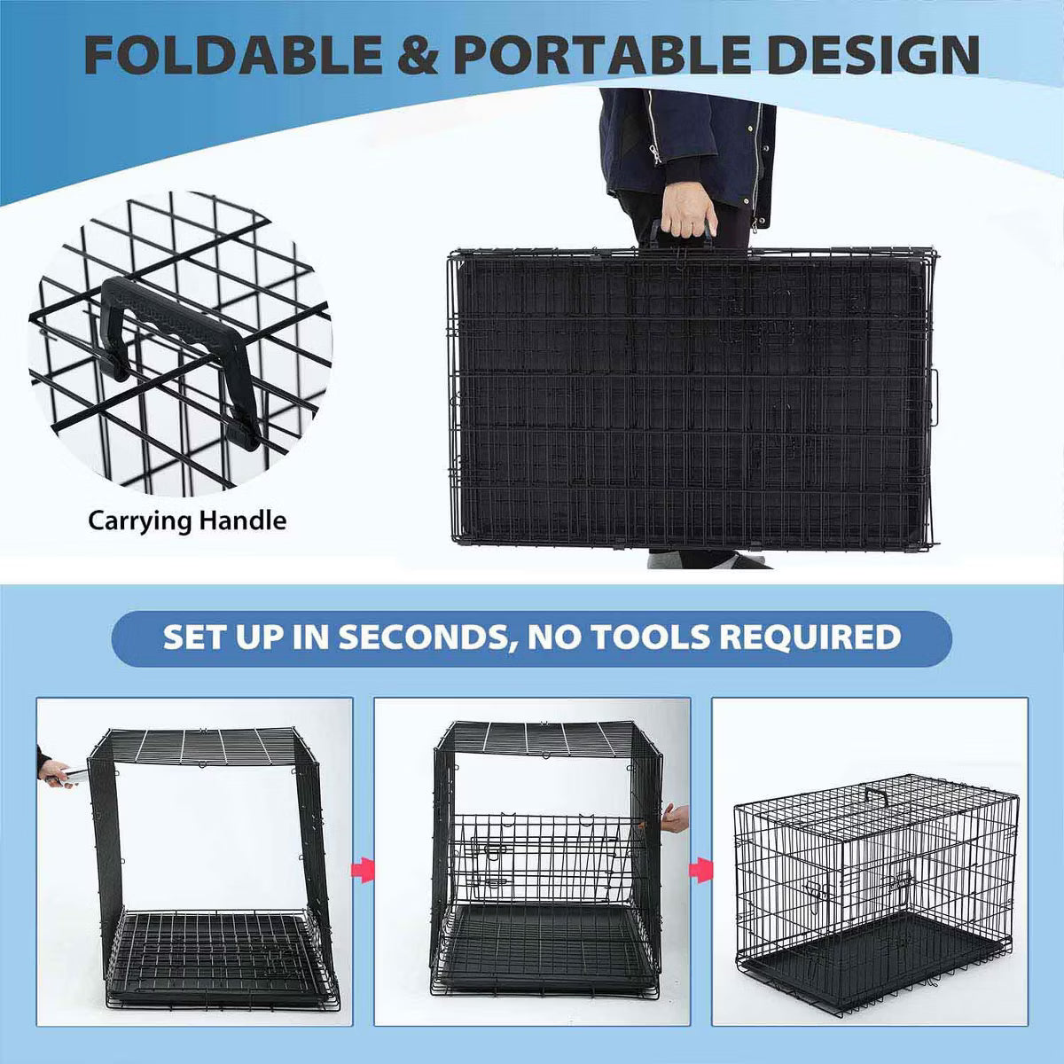 42 Inch Dog Crates for Large Dogs Folding Metal Wire Crates Dog Kennels Pet Dog Cage Crate with Double-Door