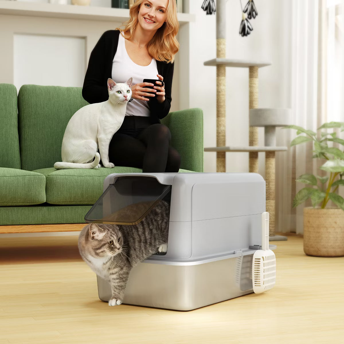Stainless Steel Cat Litter Box, Extra Large 2 in 1 Kitty Litter Box with Removable Lid, Scoop,