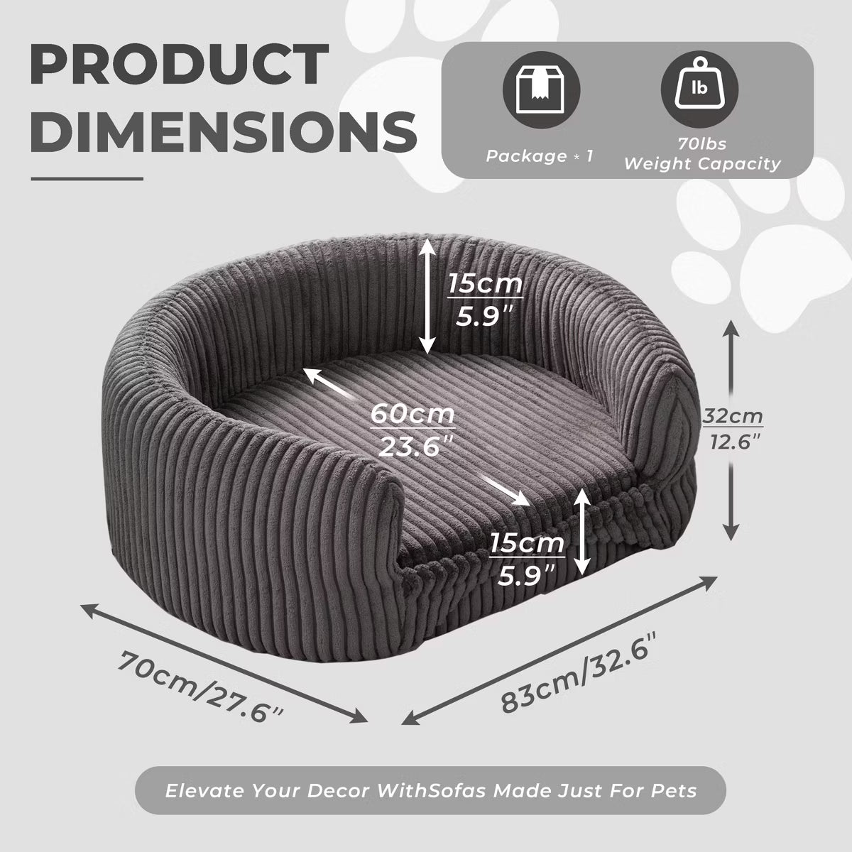 32.6" Orthopedic Corduroy Dog Couch Bed With High Backrest For Dogs Up To 70lbs