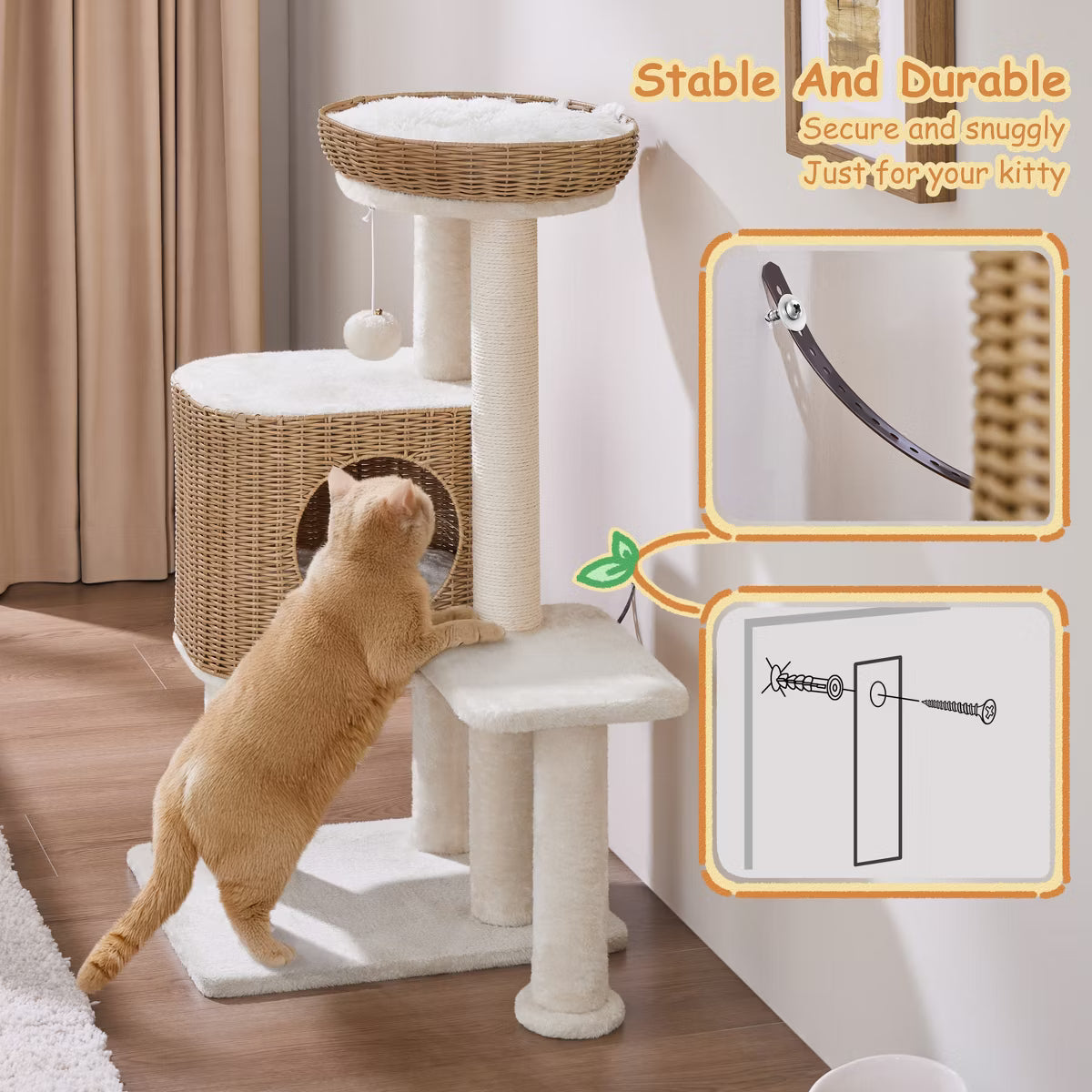 36″ Tall Rattan Cat Tree with Natural Sisal Scratching Post,