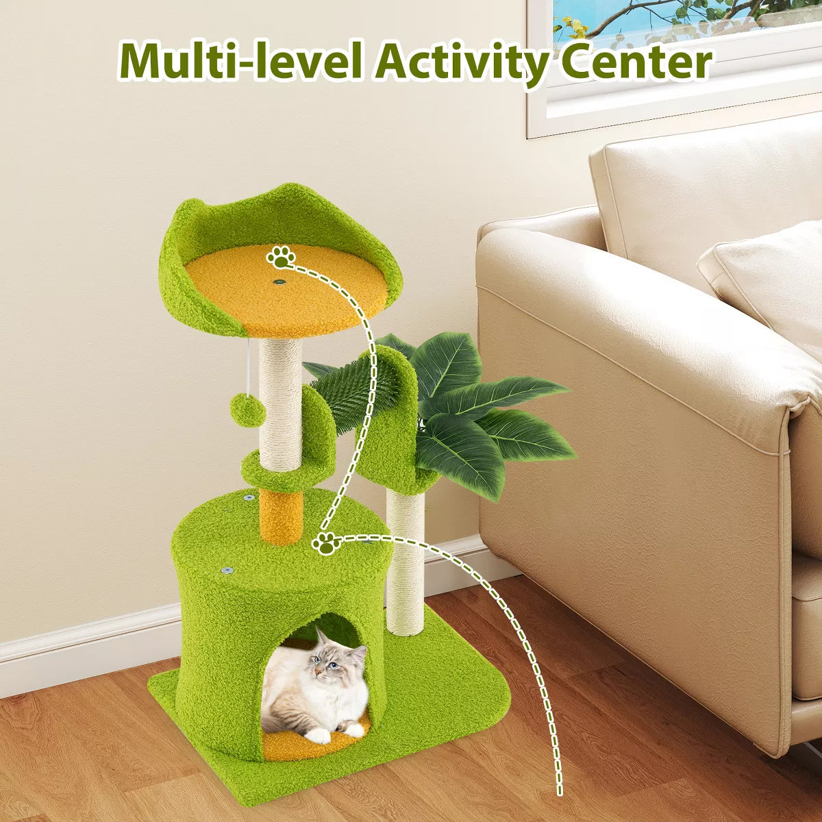 Cute Palm Cat Tree w/Artificial Leaves Condo Perch Sisal Scratching Posts