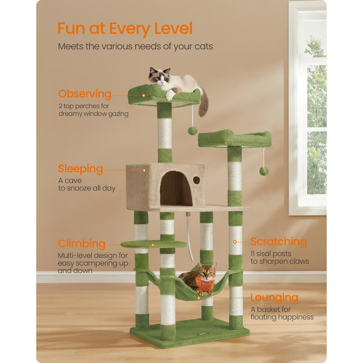 55.8-Inch Cat Tower, Multi-Level Plush Condo with 11 Scratching Posts
