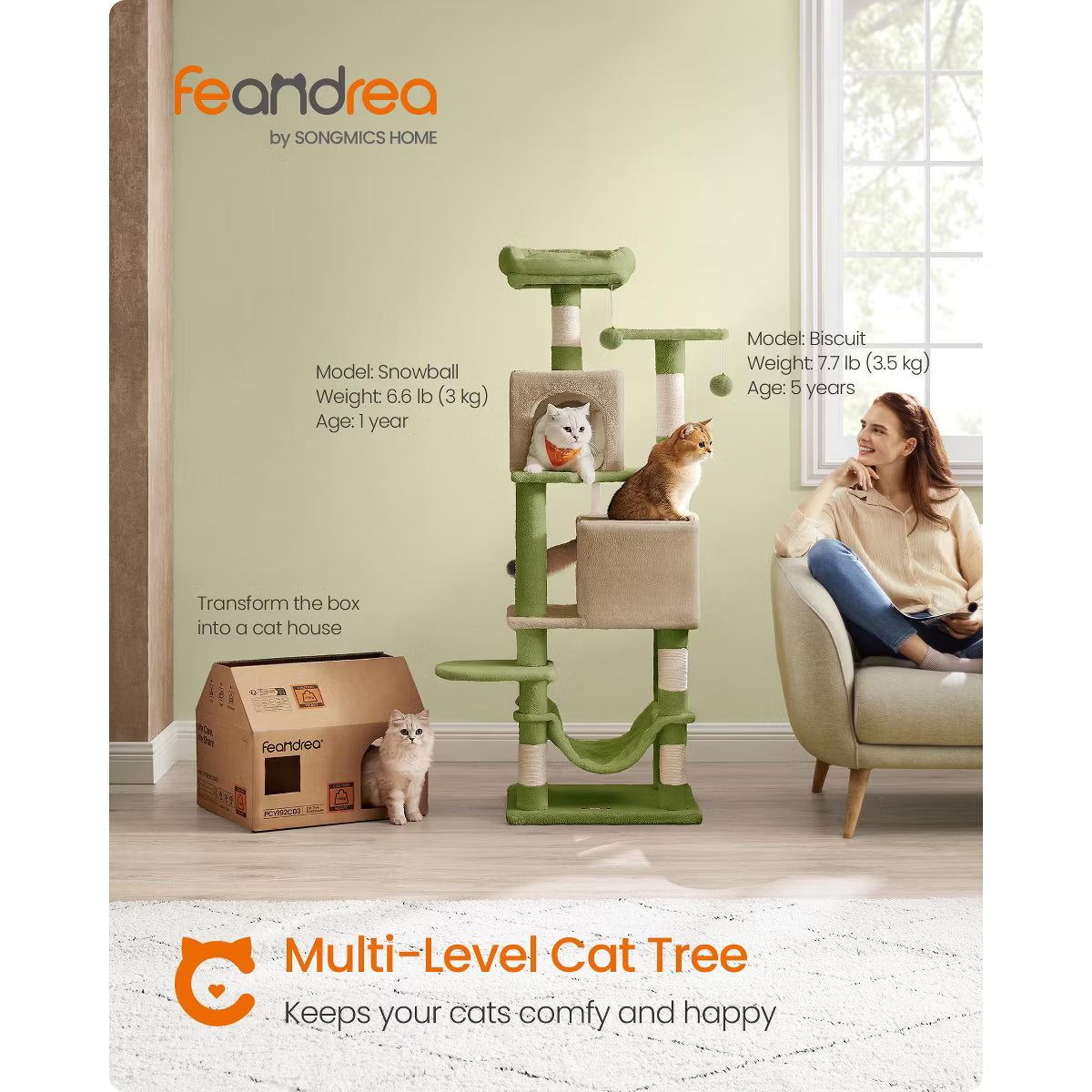 9.5-Inch Tall Cat Tower, Plush Multi-Level Condo with 5 Scratching Posts, 2 Perches