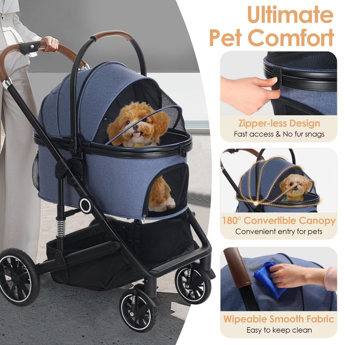 3-in-1 Folding Pet Stroller for Small to Medium Dogs and Cats up to 50 lbs with Storage Basket