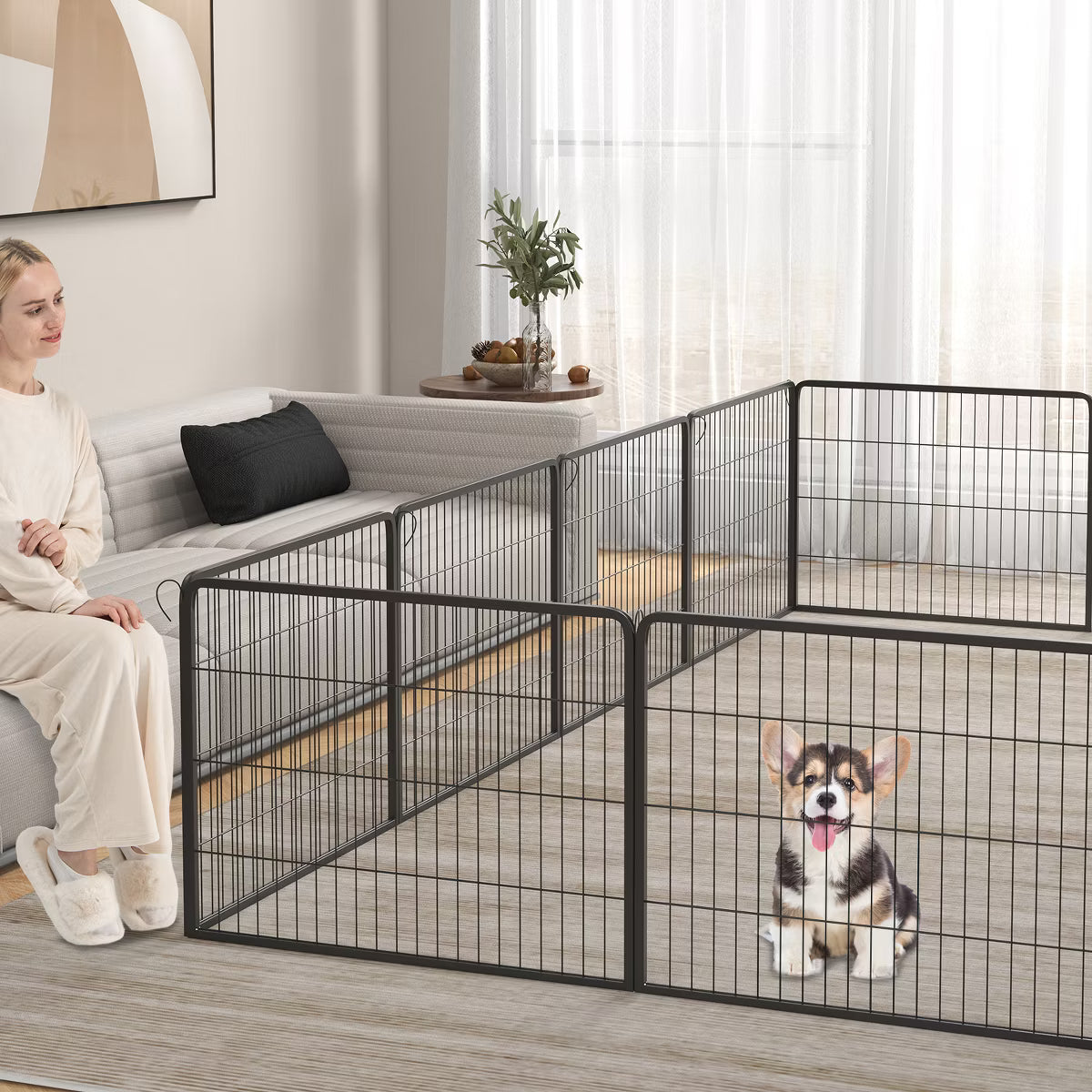 16 Panel 24" Height Pen Fence w/ Lock Indoor Outdoor Foldable Fencing Gate