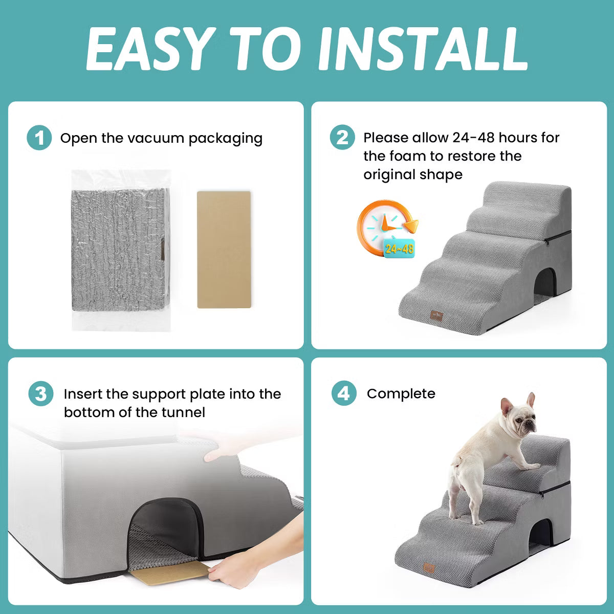 Wide Dog Stairs with Tunnel / 5-Step Foam Pet Ramp