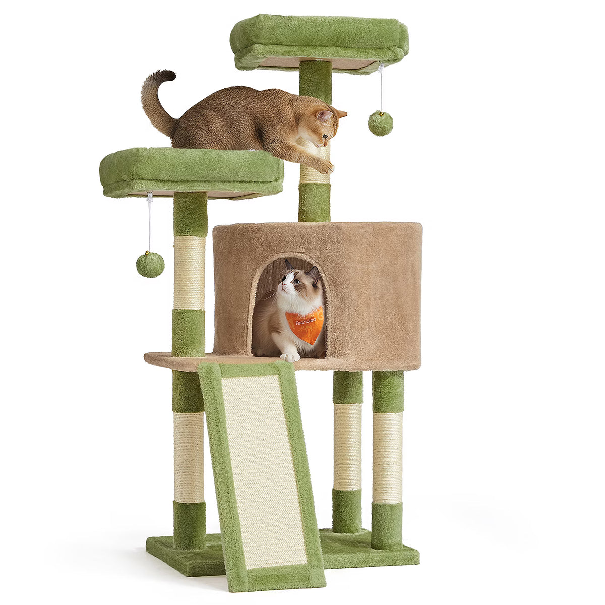 45.3-Inch Cat Tower with Scratching Ramp, Multi-Level Cat Condo with Spacious Cave & 2 Perches,