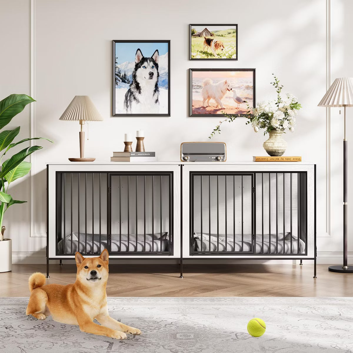 79" Double Dog Crate Furniture, Heavy-Duty Wooden Indoor Dog Kennel with Divider,