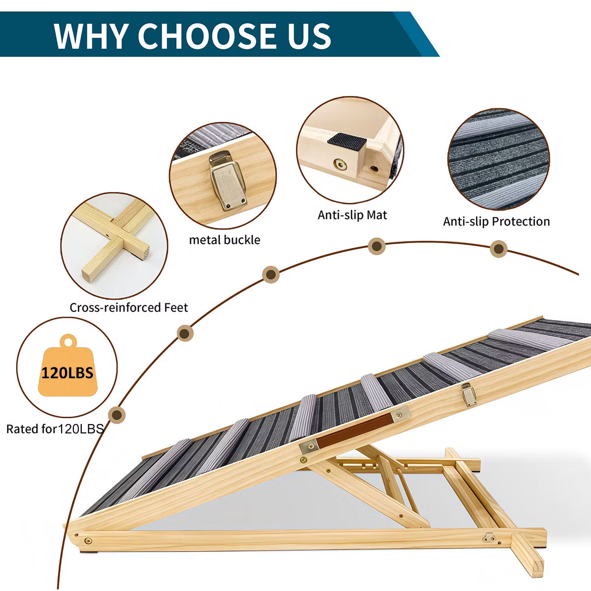 Arden 6 Adjustable Height Wood Dog Ramp with Non-Slip Pad,