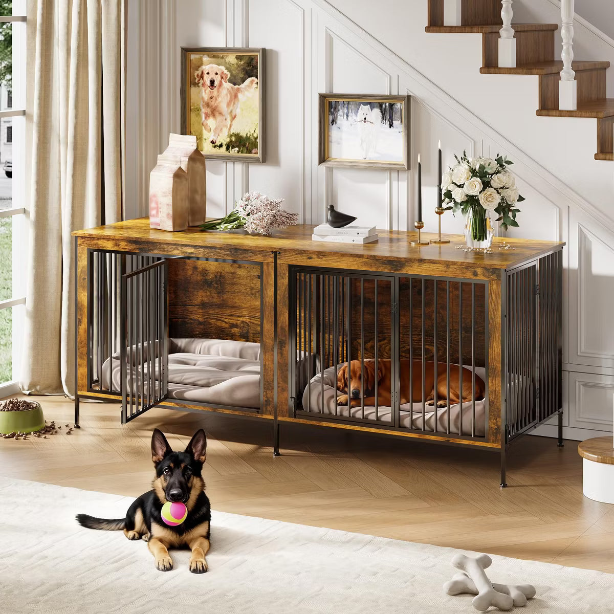 79" Double Dog Crate Furniture, Heavy-Duty Wooden Indoor Dog Kennel with Divider,