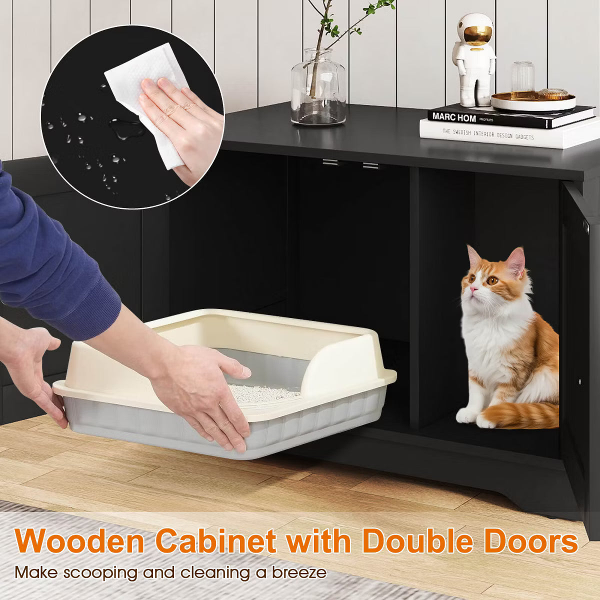 Cat Litter Box Enclosure Furniture with Double Doors Divider Side Entry for Cats Black