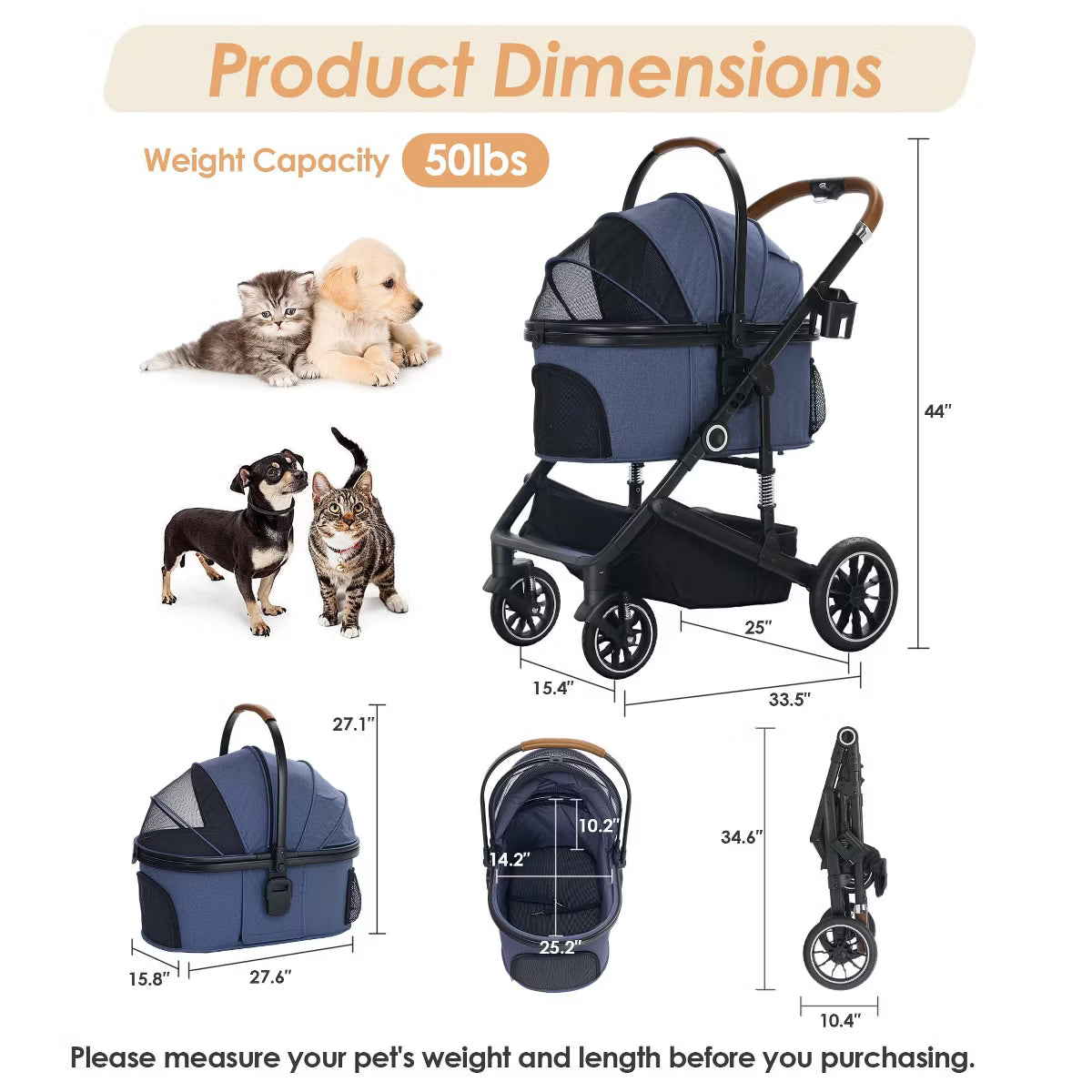 3-in-1 Folding Pet Stroller for Small to Medium Dogs and Cats up to 50 lbs with Storage Basket