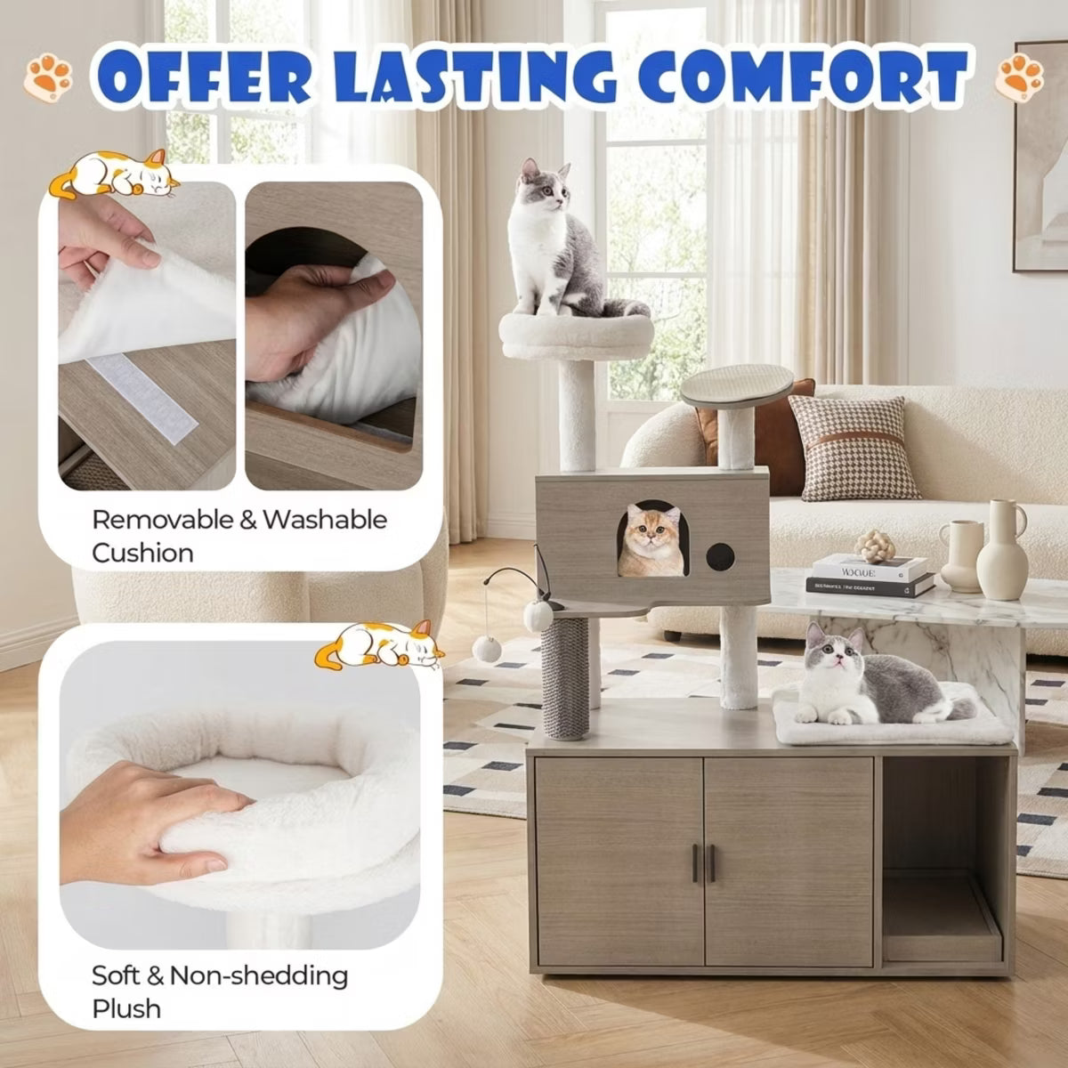 52 Inch Cat Tree Tower with Litter Box Enclosure 2-in-1 Cat Condo Furniture with Plush Perch and Sisal Mats,