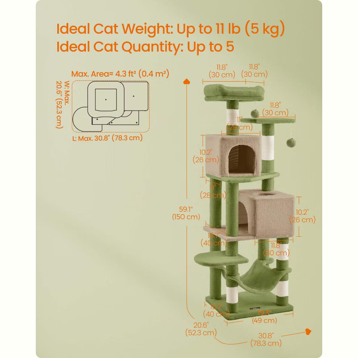 9.5-Inch Tall Cat Tower, Plush Multi-Level Condo with 5 Scratching Posts, 2 Perches