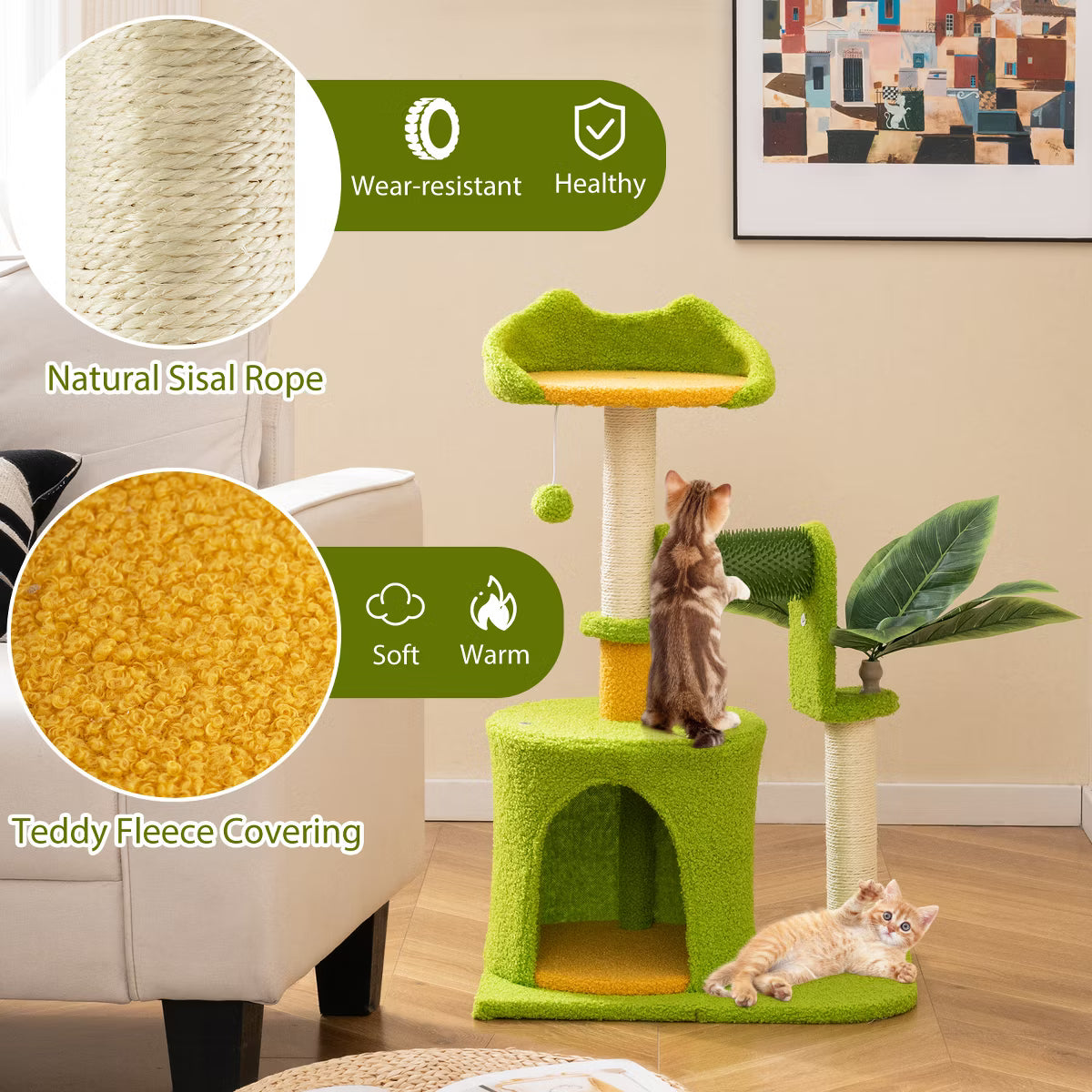 Cute Palm Cat Tree w/Artificial Leaves Condo Perch Sisal Scratching Posts