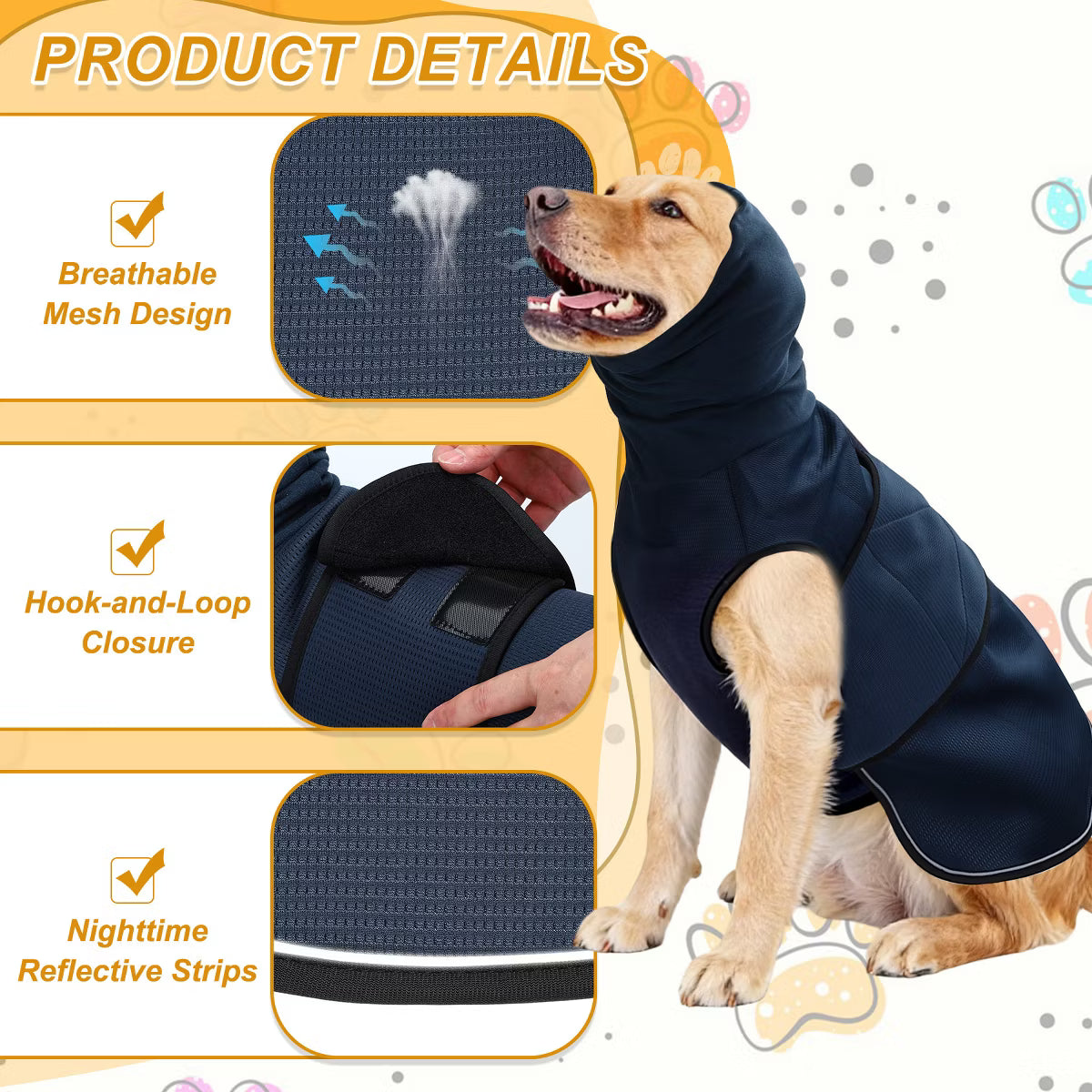 Breathable Adjustable Dog Anxiety Calming Hoodie for Thunder Fireworks Separation Dark Blue S