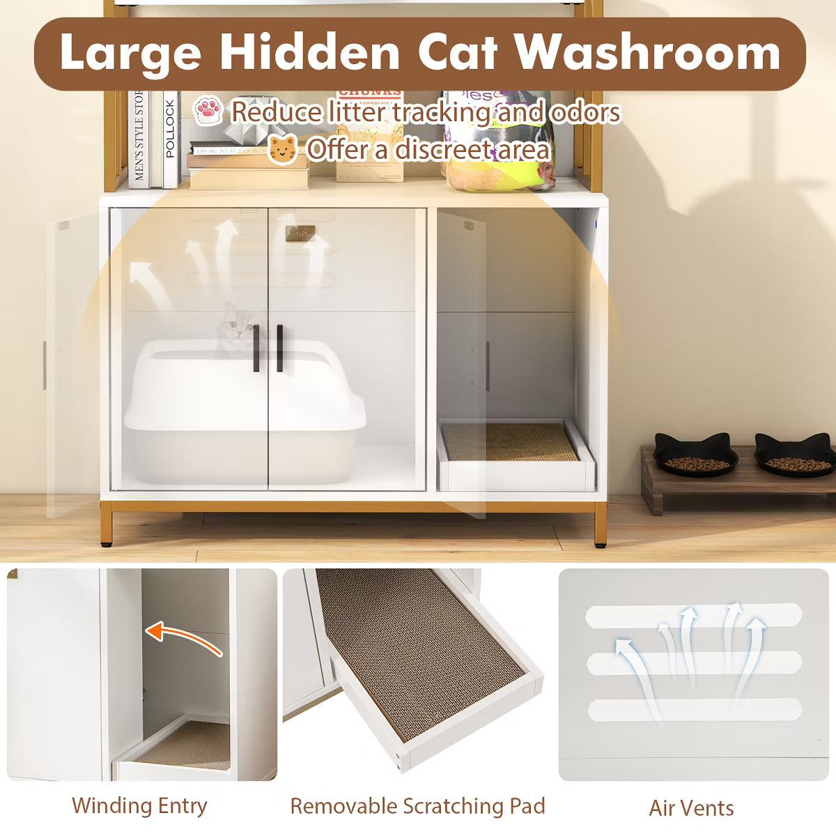 61" Cat Litter Box Enclosure w/ Storage 3-tier Shelves Side Entrance Indoor