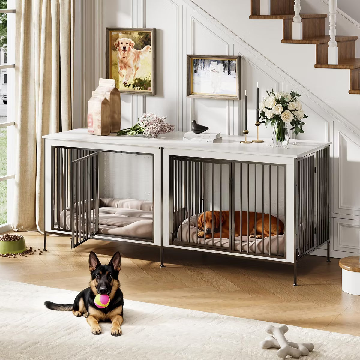 79" Double Dog Crate Furniture, Heavy-Duty Wooden Indoor Dog Kennel with Divider,