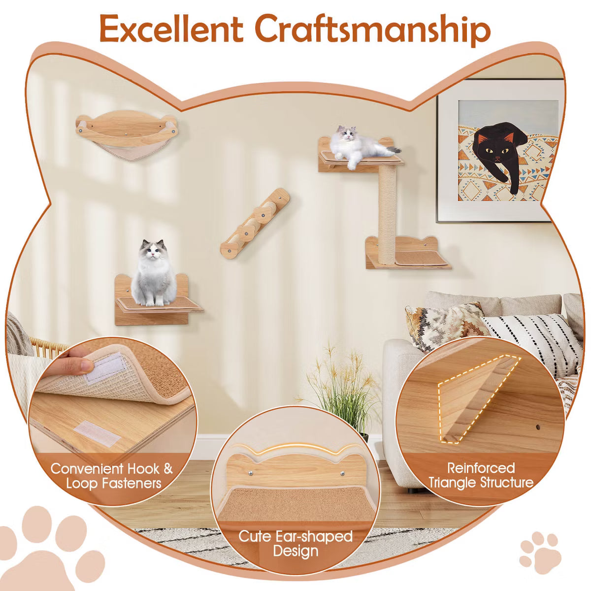 4-Piece Wall Mounted Cat Playground w/ 2-step Cat Tree Wooden Cat Climber Furniture Set