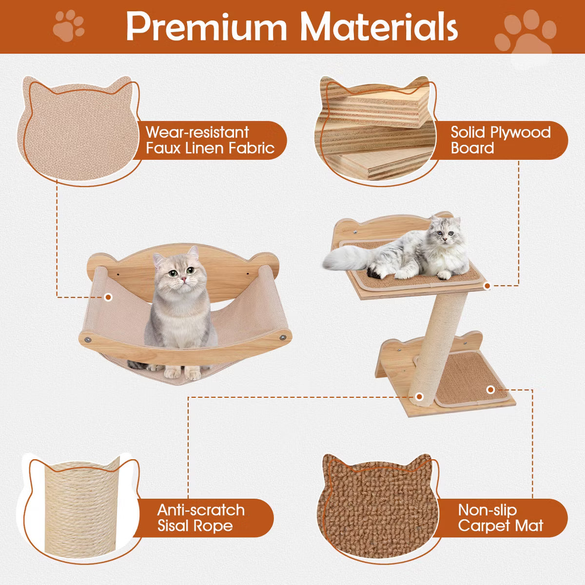 4-Piece Wall Mounted Cat Playground w/ 2-step Cat Tree Wooden Cat Climber Furniture Set