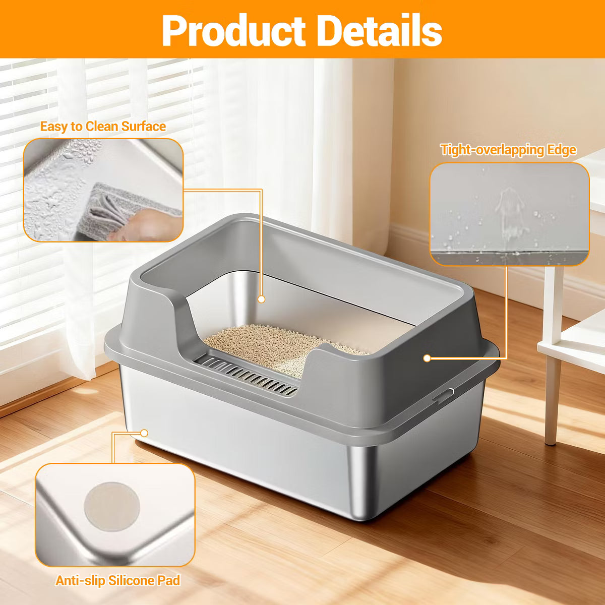Jumbo Stainless Steel Cat Litter Box - High-Sided & Non-Stick,