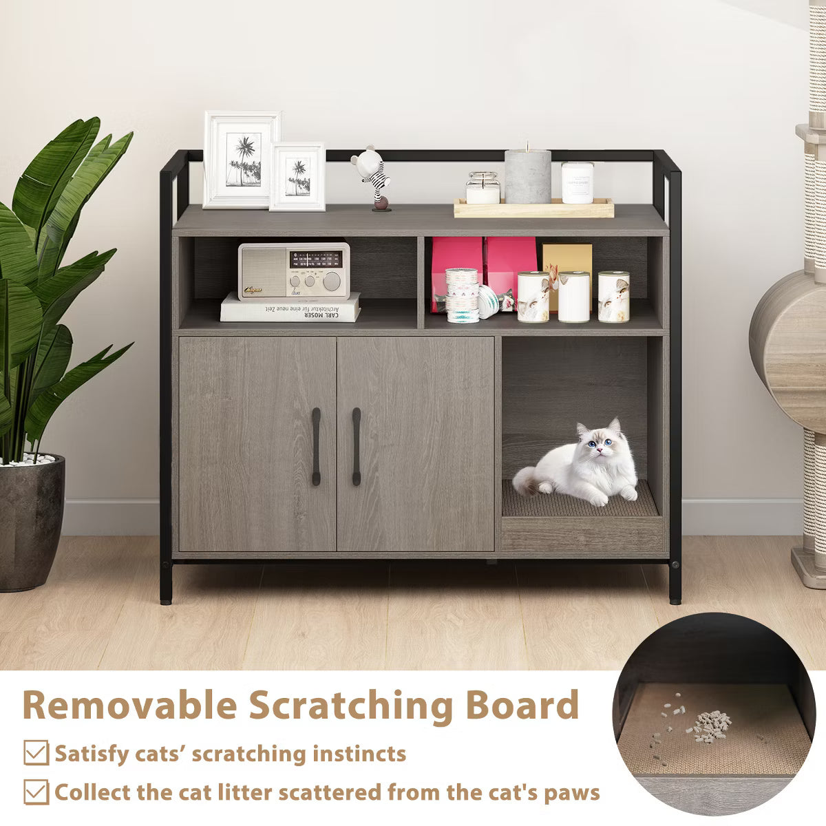 Cat Litter Box Enclosure w/ Storage Compartments Removable Scratching Board Gray