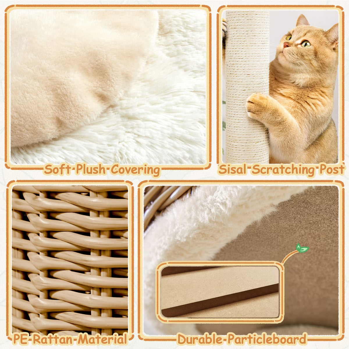36″ Tall Rattan Cat Tree with Natural Sisal Scratching Post,