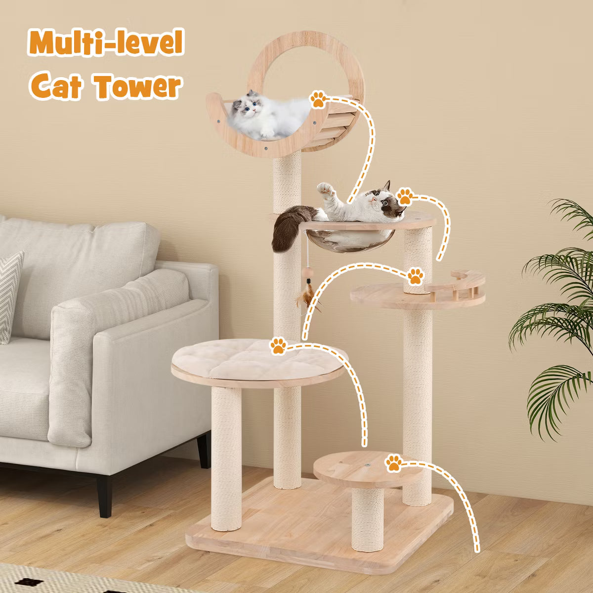 4-in-1 Building Block Cat Tree w/ Space Capsule Nest Padded Platform Hanging Toy