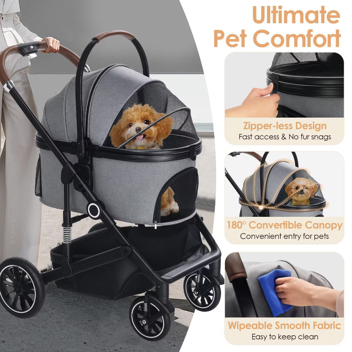 3-in-1 Folding Pet Stroller for Small to Medium Dogs and Cats up to 50 lbs with Storage Basket