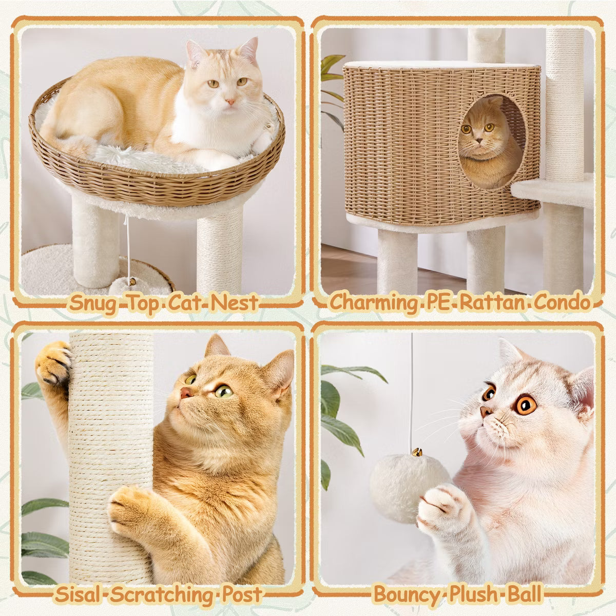 36″ Tall Rattan Cat Tree with Natural Sisal Scratching Post,