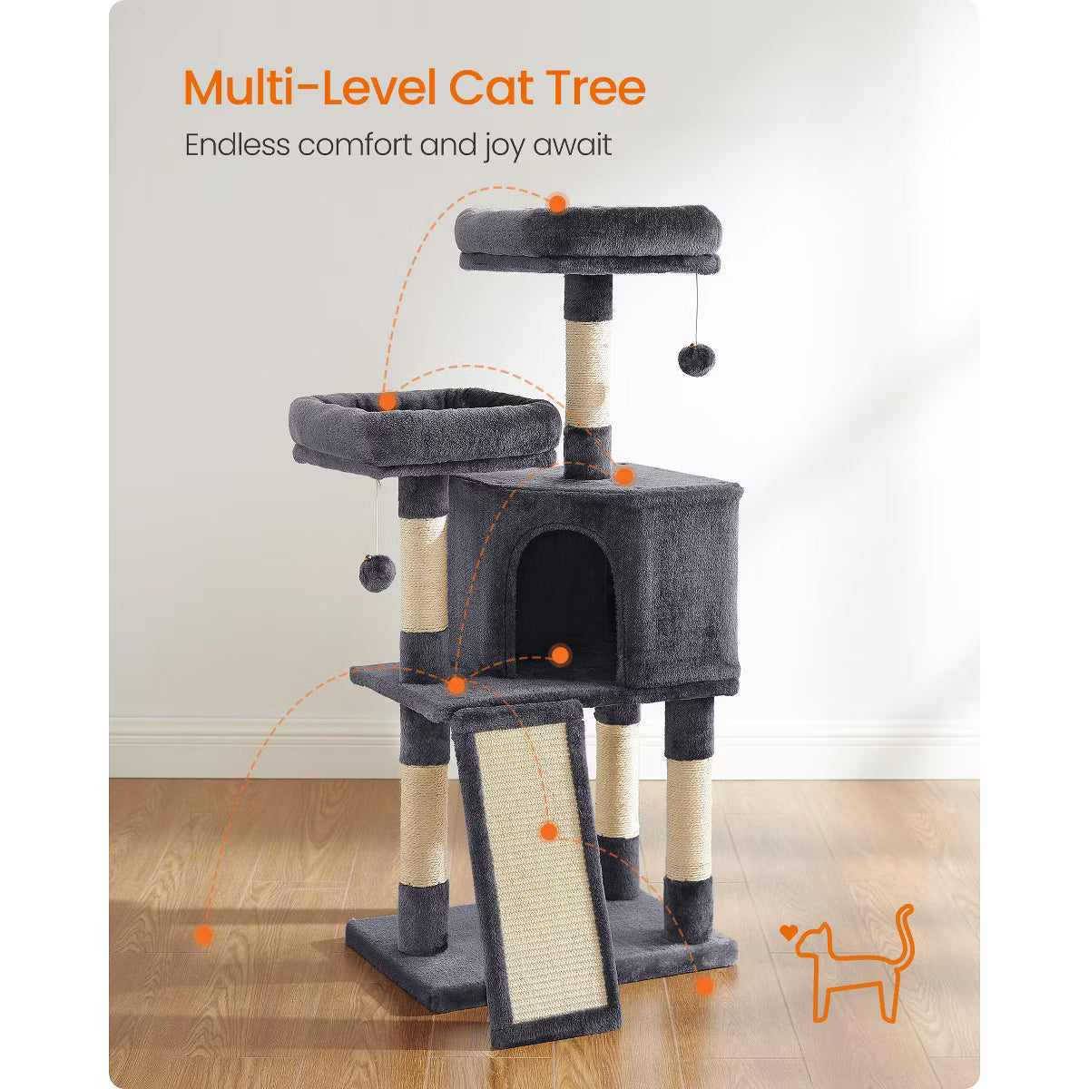 45.3-Inch Cat Tower with Scratching Ramp, Multi-Level Cat Condo with Spacious Cave & 2 Perches,