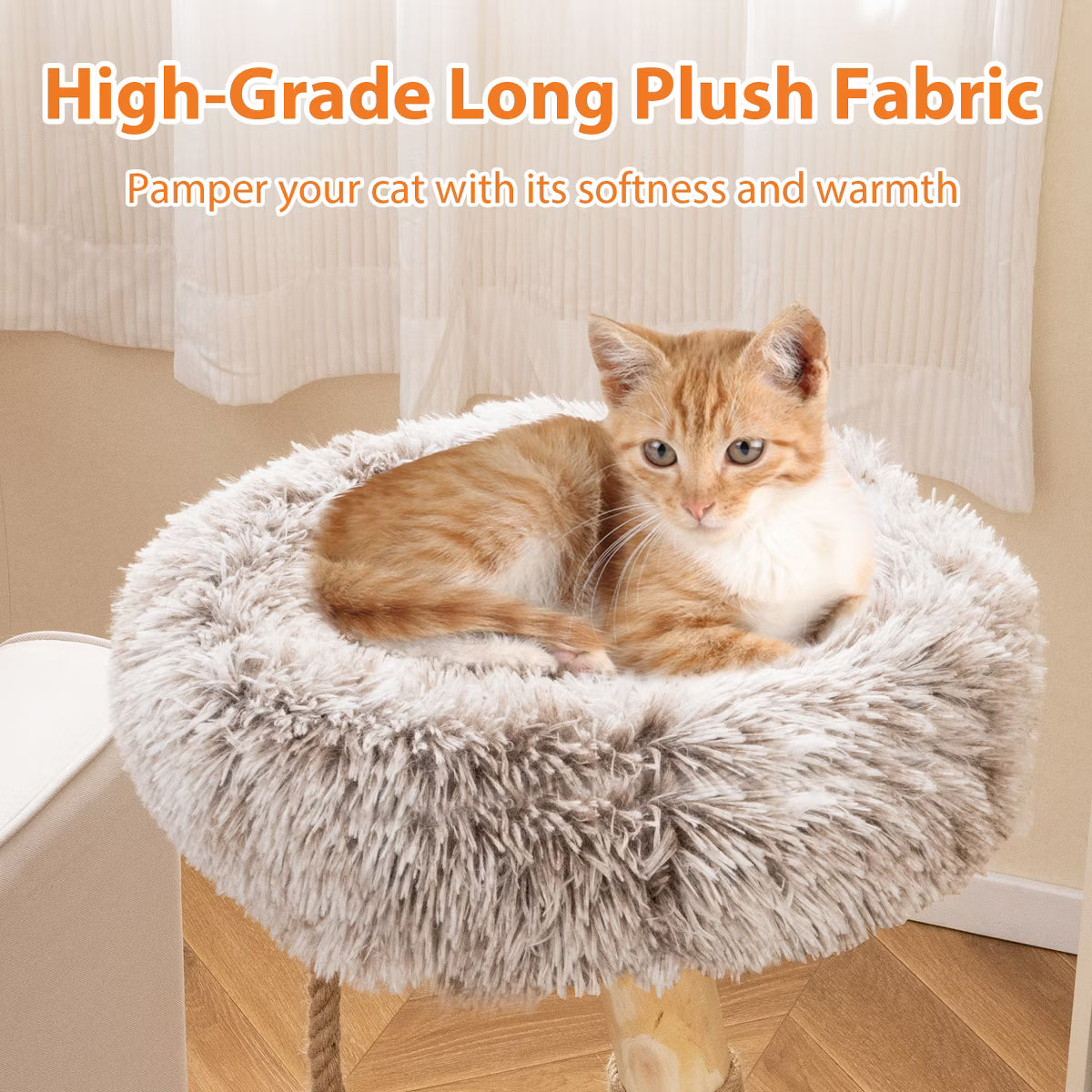 Solid Wood Cat Tower Modern Cat Scratching Tree w/Luxurious Perch Teasing Rope
