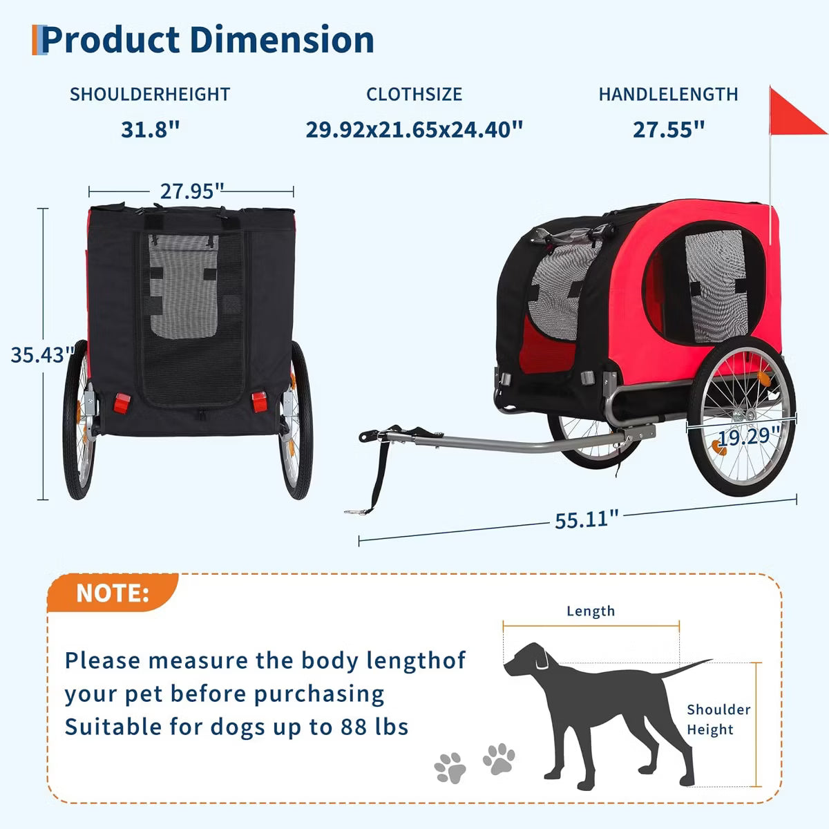 Dog Bike Trailer for Medium & Large Dogs - 2 in 1 Convertible Jogger Stroller with Universal Hitch