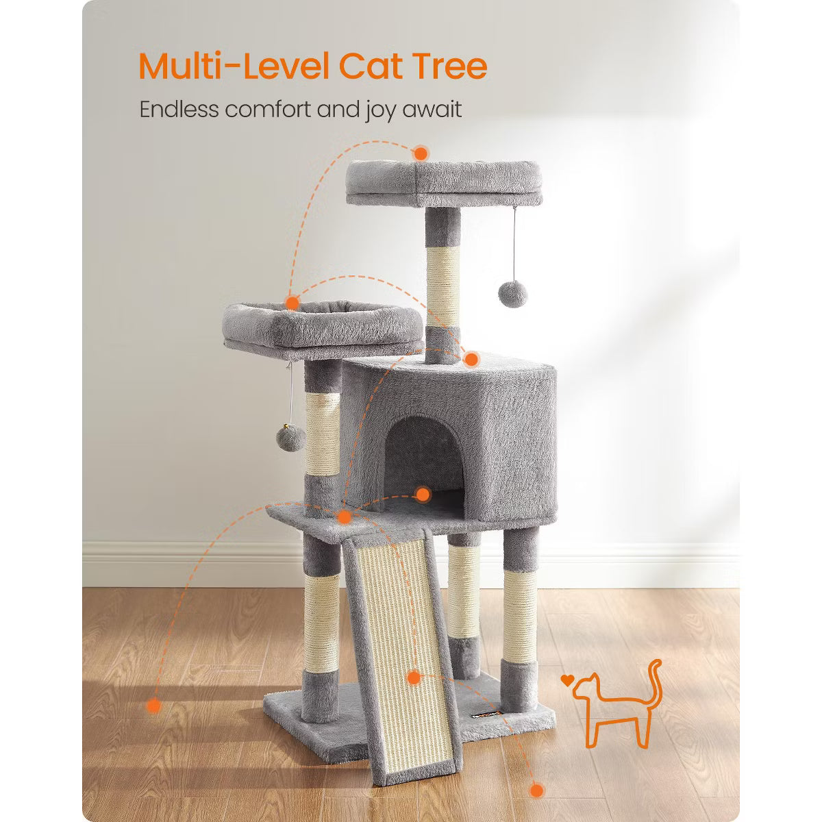 45.3-Inch Cat Tower with Scratching Ramp, Multi-Level Cat Condo with Spacious Cave & 2 Perches,