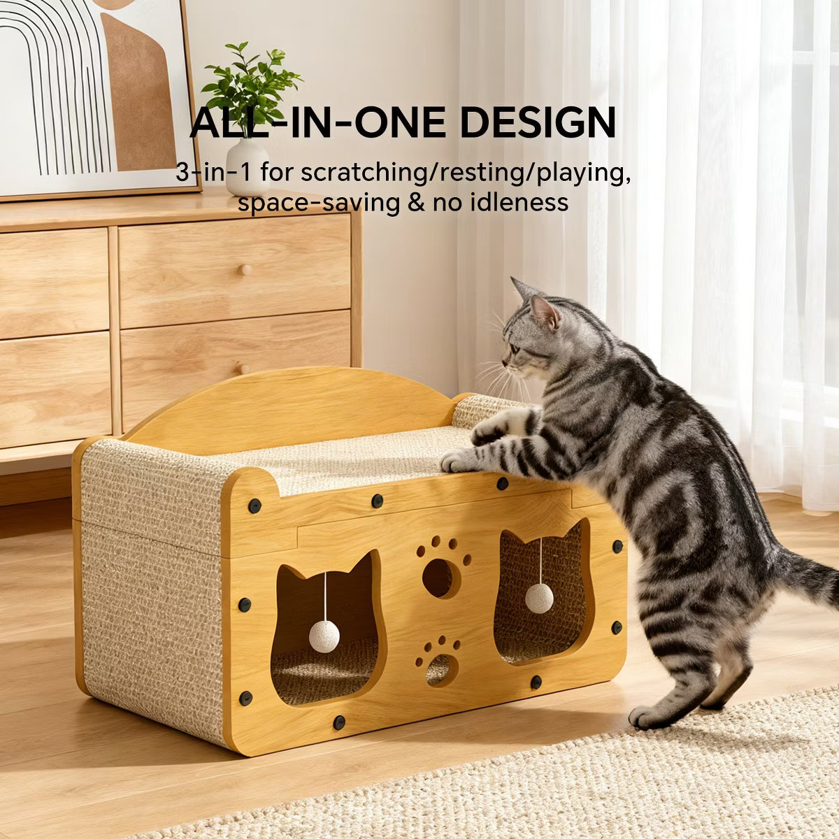 Durable Cat House Box, Cat Scratcher Bed with Hideout Caves