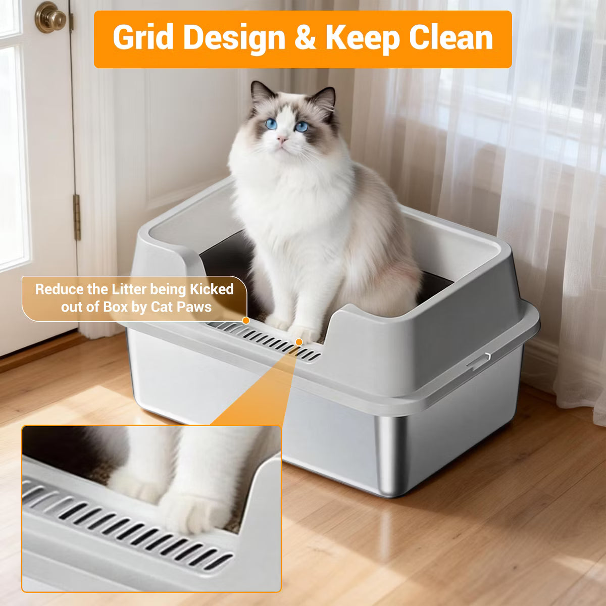 Jumbo Stainless Steel Cat Litter Box - High-Sided & Non-Stick,